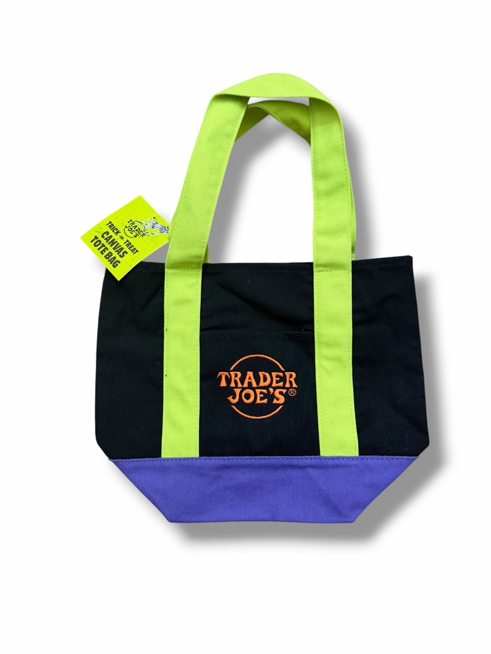 NWT Trader Joe's Mini Halloween Canvas Tote Bag Black Purple Lime Orange